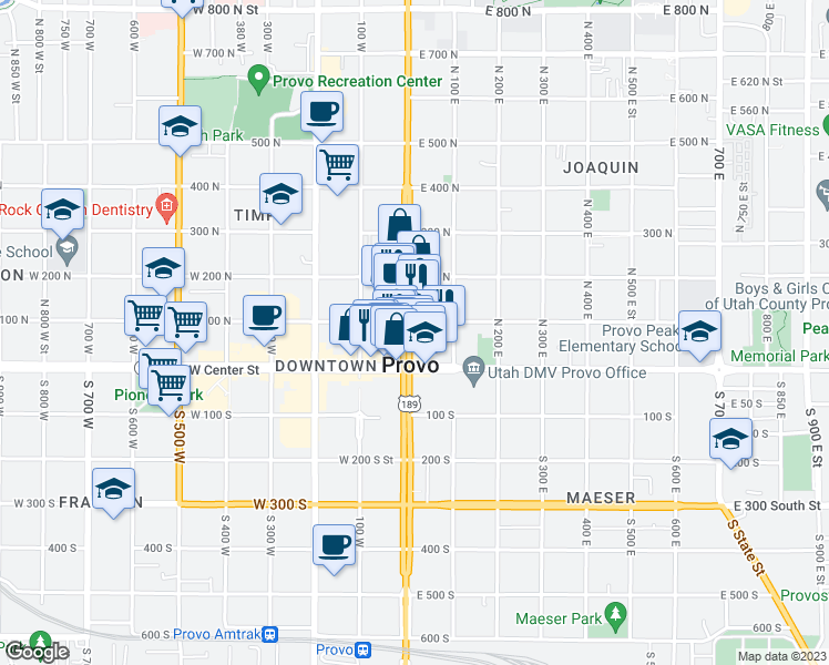map of restaurants, bars, coffee shops, grocery stores, and more near in Provo