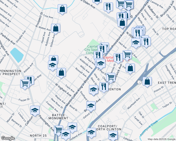map of restaurants, bars, coffee shops, grocery stores, and more near 965 Martin Luther King Junior Boulevard in Trenton