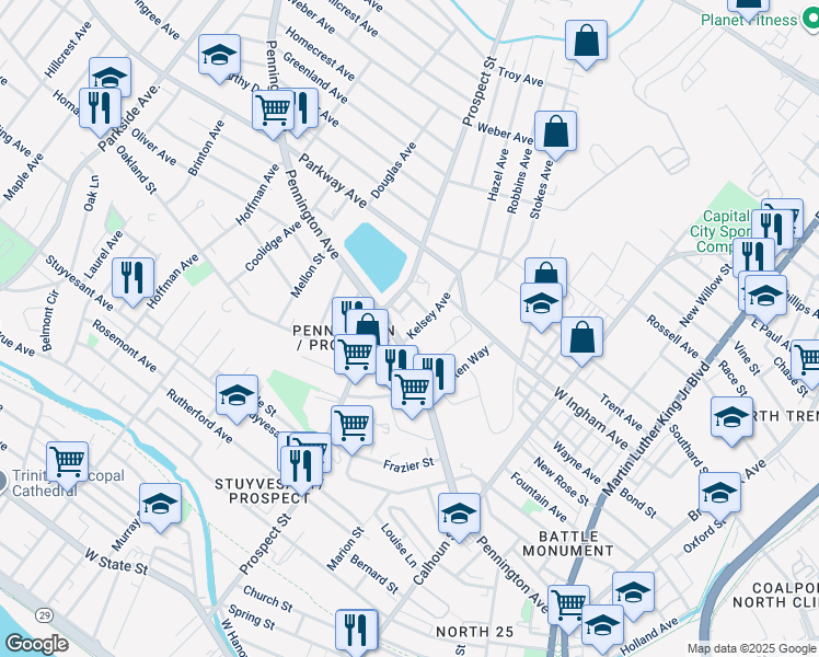 map of restaurants, bars, coffee shops, grocery stores, and more near 27 Kelsey Avenue in Trenton