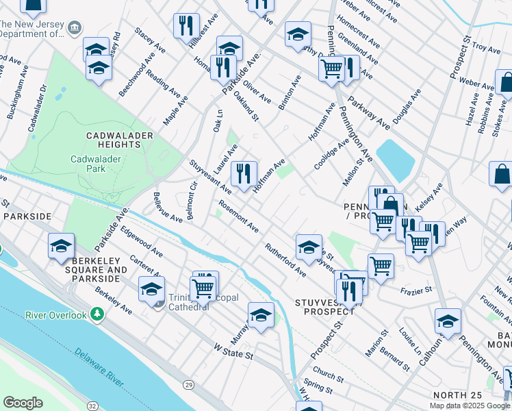 map of restaurants, bars, coffee shops, grocery stores, and more near in Trenton