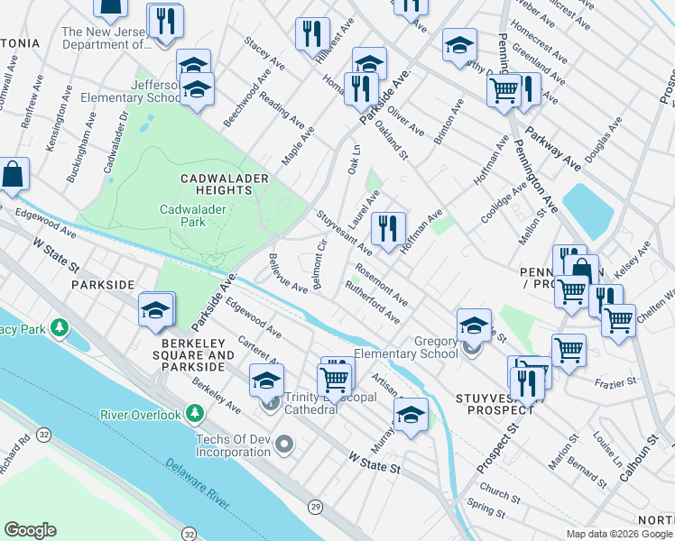 map of restaurants, bars, coffee shops, grocery stores, and more near 31 Elmhurst Avenue in Trenton