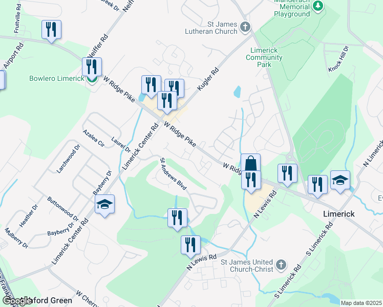 map of restaurants, bars, coffee shops, grocery stores, and more near 1402 Richards Court in Royersford
