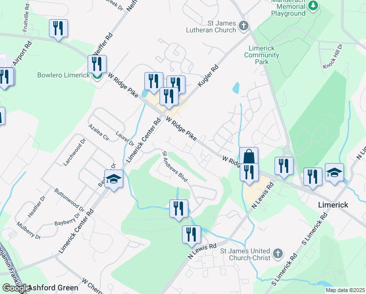 map of restaurants, bars, coffee shops, grocery stores, and more near 103 Hunsberger Drive in Royersford