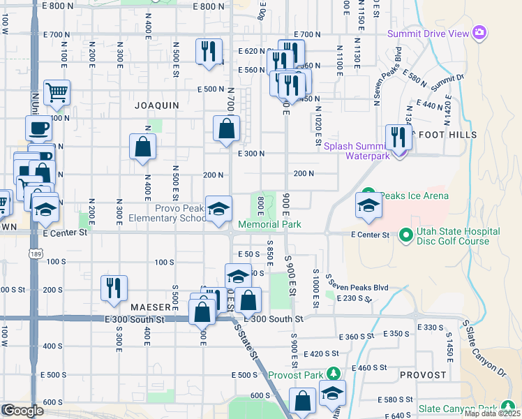 map of restaurants, bars, coffee shops, grocery stores, and more near 86 800 East in Provo