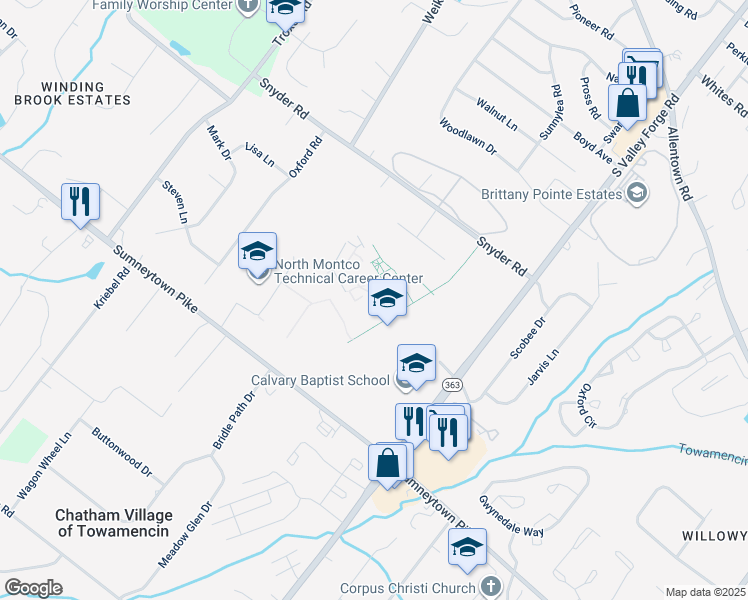 map of restaurants, bars, coffee shops, grocery stores, and more near 1340 South Valley Forge Road in Lansdale