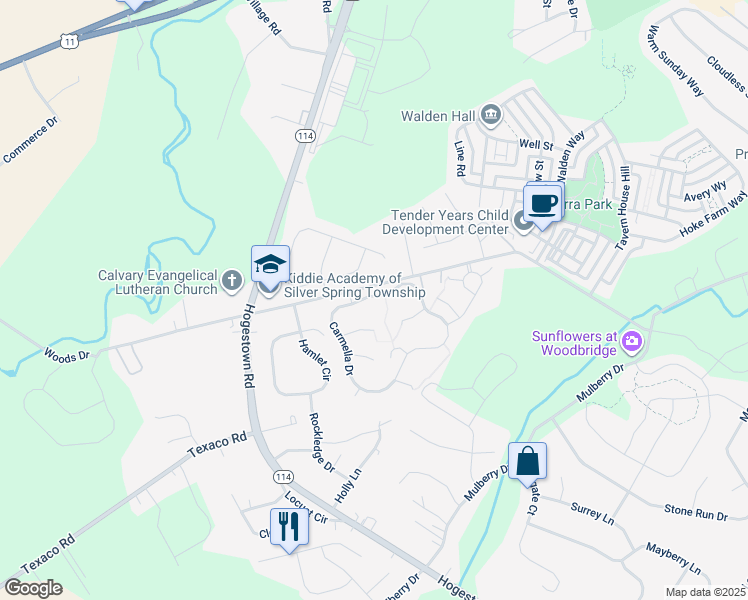 map of restaurants, bars, coffee shops, grocery stores, and more near 421 Carmella Drive in Mechanicsburg