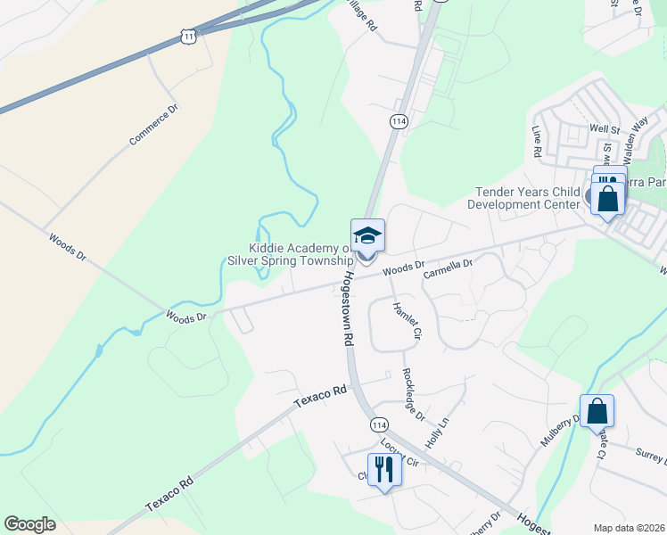 map of restaurants, bars, coffee shops, grocery stores, and more near 208 Woods Drive in Mechanicsburg