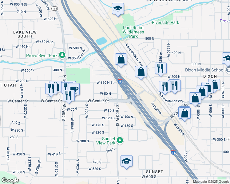 map of restaurants, bars, coffee shops, grocery stores, and more near 1614 West 50 North in Provo
