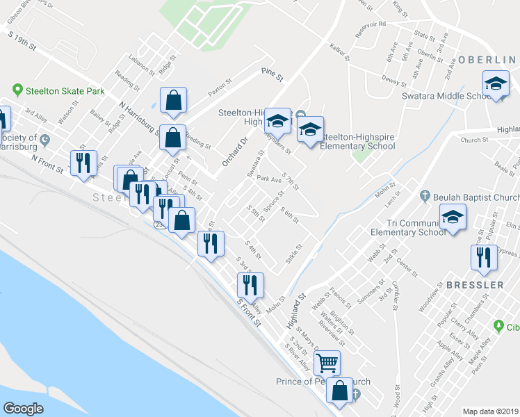 map of restaurants, bars, coffee shops, grocery stores, and more near 419 Spruce Street in Steelton