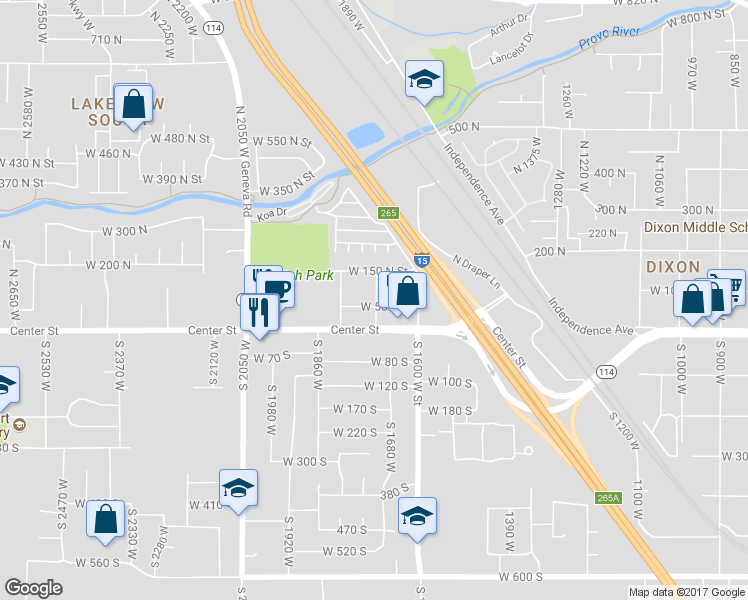 map of restaurants, bars, coffee shops, grocery stores, and more near 1716 West 50 North in Provo