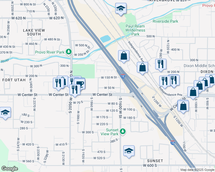map of restaurants, bars, coffee shops, grocery stores, and more near 1716 West 50 North in Provo