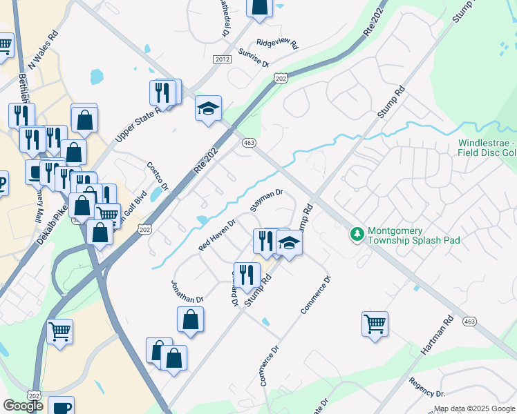 map of restaurants, bars, coffee shops, grocery stores, and more near 104 Stayman Drive in North Wales