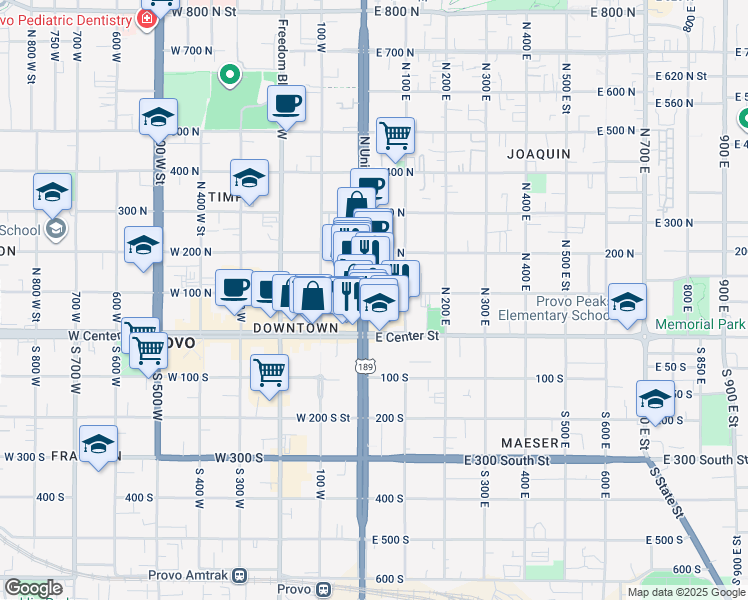 map of restaurants, bars, coffee shops, grocery stores, and more near 86 N University Ave in Provo