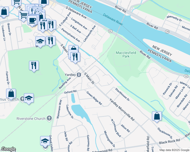map of restaurants, bars, coffee shops, grocery stores, and more near 710 Yardley Commons in Yardley