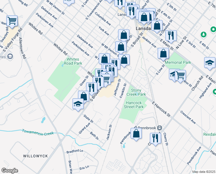 map of restaurants, bars, coffee shops, grocery stores, and more near 549 South Broad Street in Lansdale