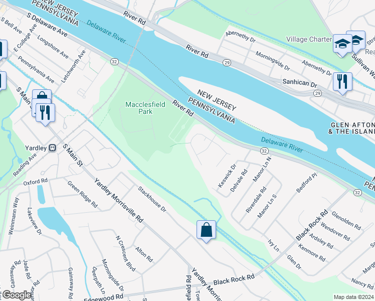 map of restaurants, bars, coffee shops, grocery stores, and more near 897 Slate Hill Road in Yardley
