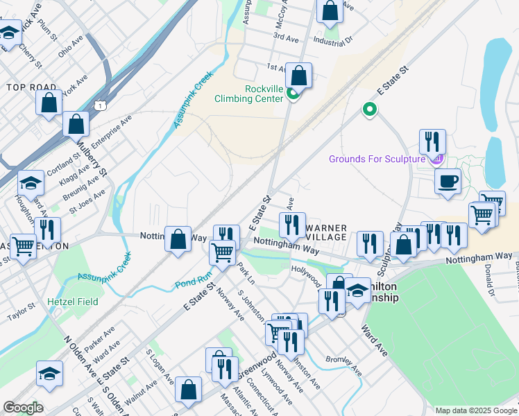 map of restaurants, bars, coffee shops, grocery stores, and more near 1764 East State Street in Hamilton Township