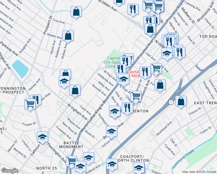 map of restaurants, bars, coffee shops, grocery stores, and more near 965 Martin Luther King Junior Boulevard in Trenton