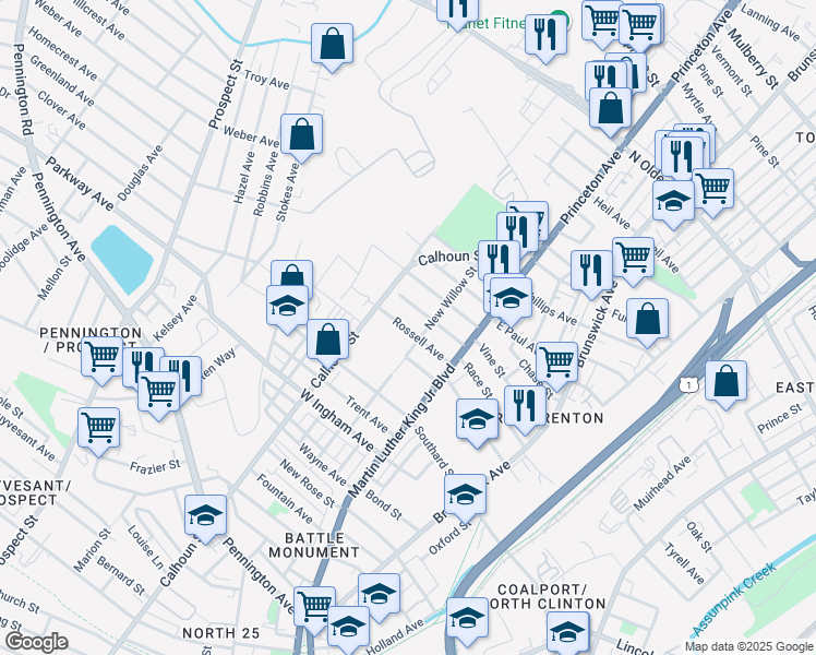 map of restaurants, bars, coffee shops, grocery stores, and more near 1006 Willow Street in Trenton