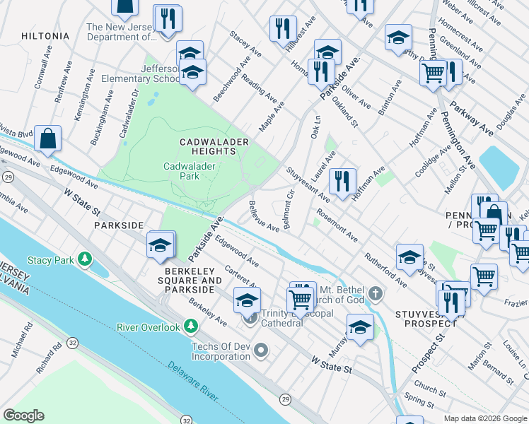 map of restaurants, bars, coffee shops, grocery stores, and more near 908 Bellevue Avenue in Trenton
