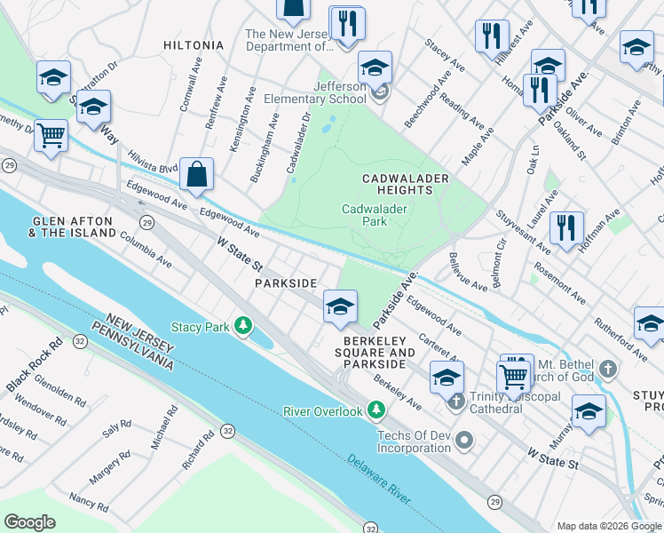 map of restaurants, bars, coffee shops, grocery stores, and more near 24 North Eastfield Avenue in Trenton