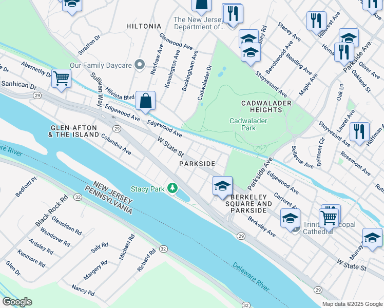 map of restaurants, bars, coffee shops, grocery stores, and more near 1355 West State Street in Trenton