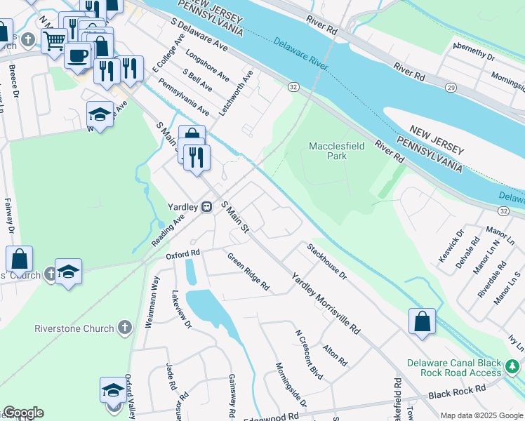 map of restaurants, bars, coffee shops, grocery stores, and more near 710 Yardley Cmns in Yardley