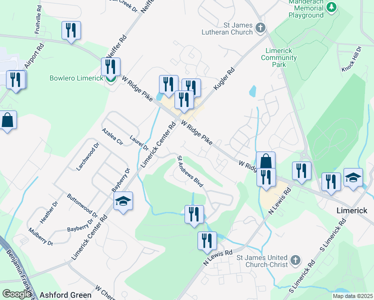 map of restaurants, bars, coffee shops, grocery stores, and more near 41 Saint Andrews Boulevard in Royersford