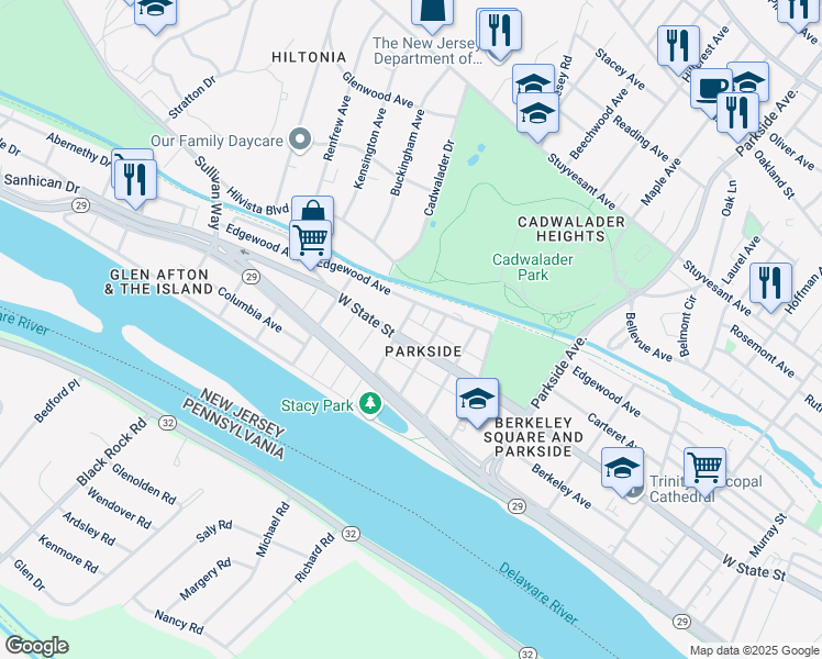 map of restaurants, bars, coffee shops, grocery stores, and more near 1355 West State Street in Trenton