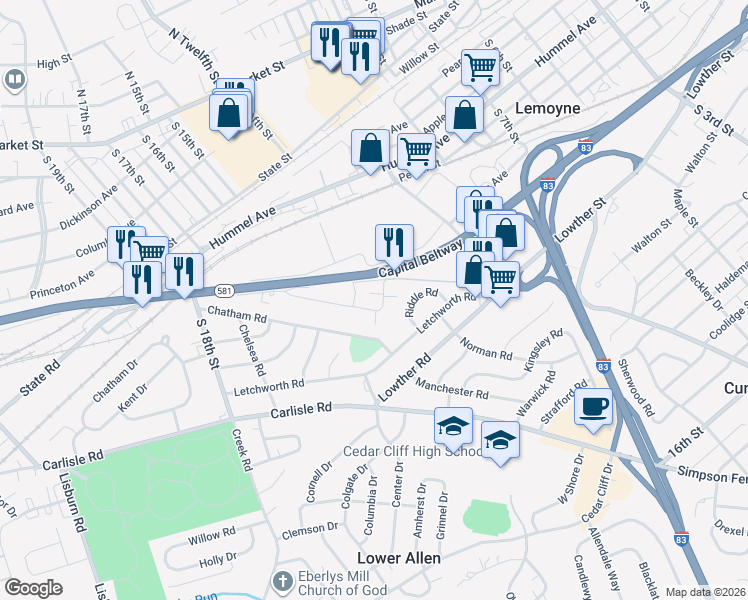 map of restaurants, bars, coffee shops, grocery stores, and more near 1104 Columbus Avenue in Lemoyne