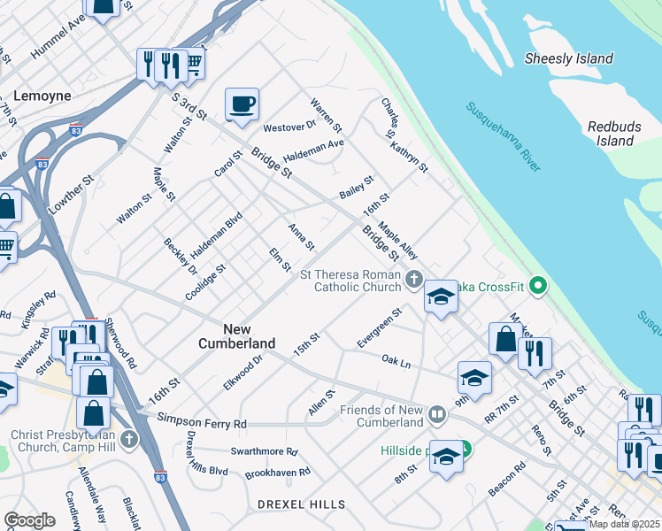 map of restaurants, bars, coffee shops, grocery stores, and more near 336 16th Street in New Cumberland