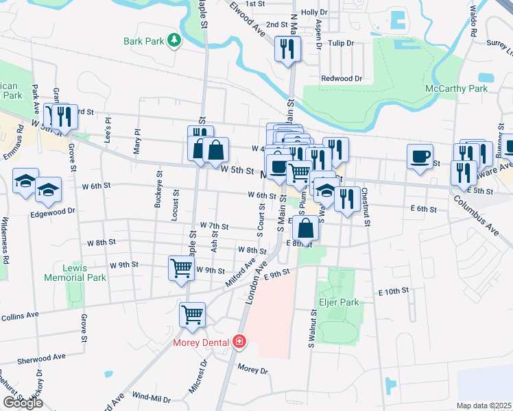 map of restaurants, bars, coffee shops, grocery stores, and more near 207 South Court Street in Marysville