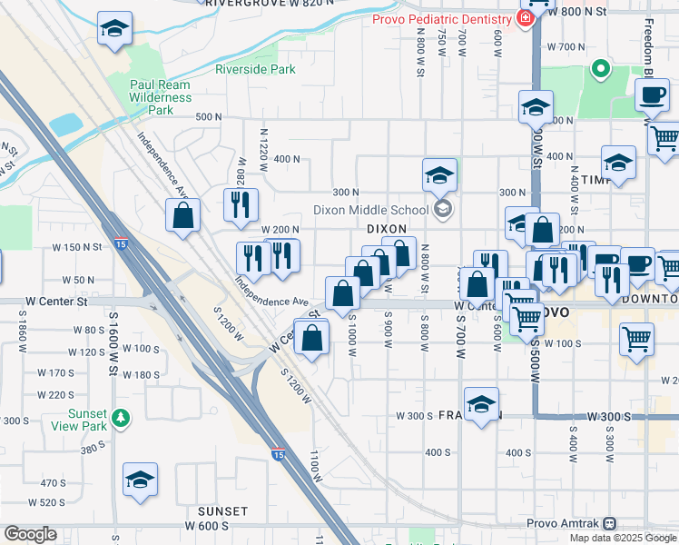 map of restaurants, bars, coffee shops, grocery stores, and more near 1021 West 100 North in Provo