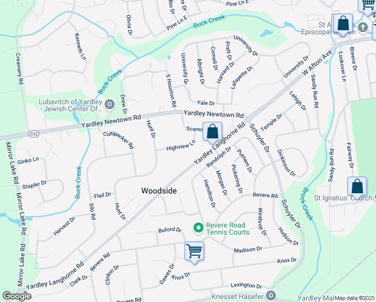 map of restaurants, bars, coffee shops, grocery stores, and more near 11 Highview Lane in Yardley
