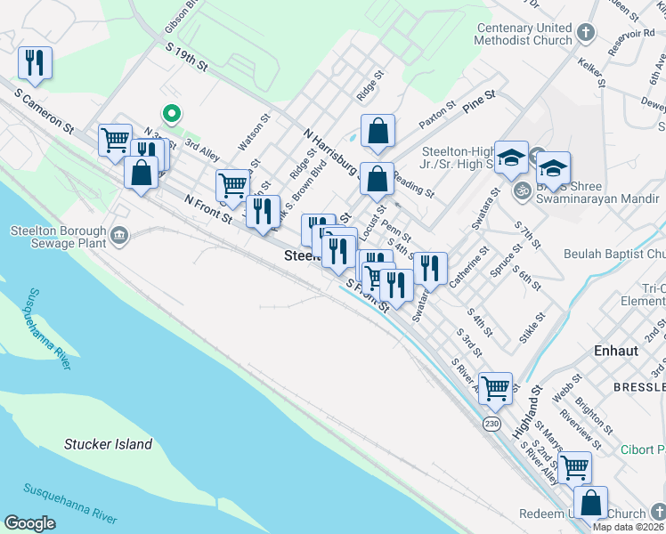 map of restaurants, bars, coffee shops, grocery stores, and more near 19 North Front Street in Steelton