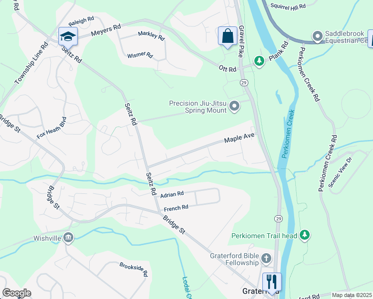 map of restaurants, bars, coffee shops, grocery stores, and more near 267 Maple Avenue in Collegeville
