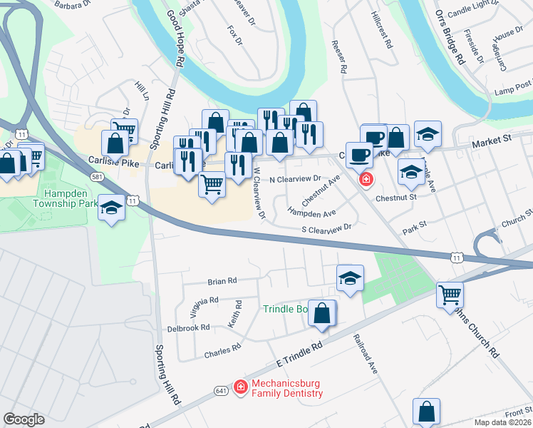 map of restaurants, bars, coffee shops, grocery stores, and more near 121 West Clearview Drive in Camp Hill