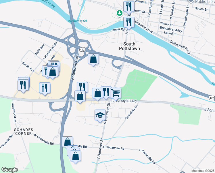 map of restaurants, bars, coffee shops, grocery stores, and more near 71 Lindberg Avenue in Pottstown