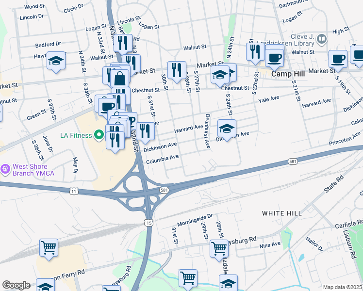 map of restaurants, bars, coffee shops, grocery stores, and more near 2999 Dickinson Avenue in Camp Hill