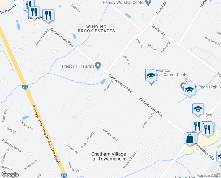 map of restaurants, bars, coffee shops, grocery stores, and more near 1521 Kriebel Road in Lansdale