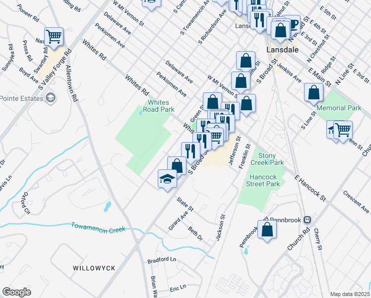 map of restaurants, bars, coffee shops, grocery stores, and more near 614 Rosemont Avenue in Lansdale