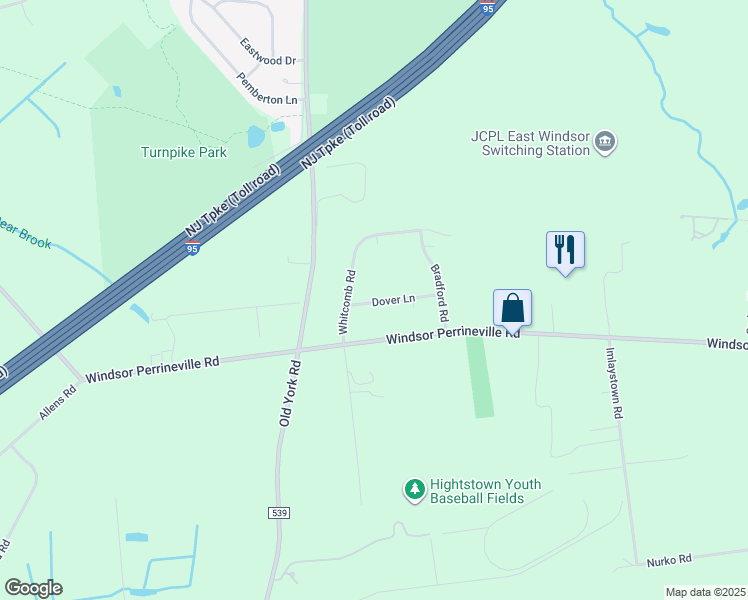 map of restaurants, bars, coffee shops, grocery stores, and more near 7 Dover Lane in East Windsor