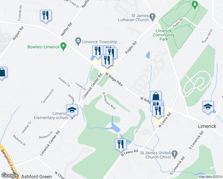 map of restaurants, bars, coffee shops, grocery stores, and more near 703 Hunsberger Drive in Royersford