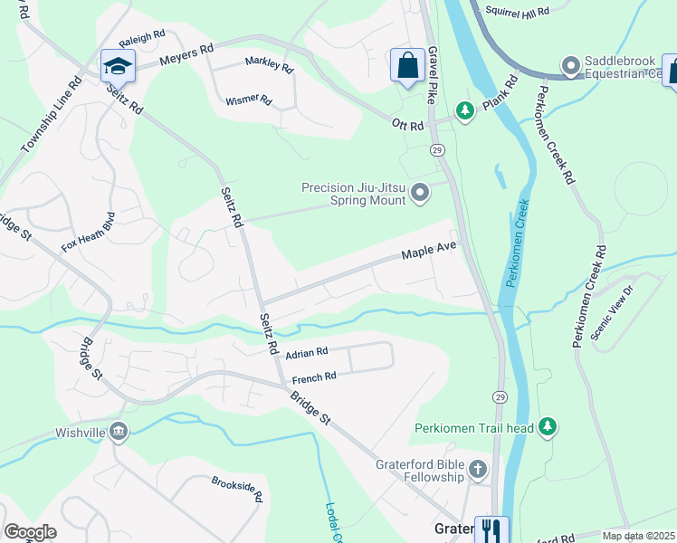 map of restaurants, bars, coffee shops, grocery stores, and more near 259 Maple Avenue in Collegeville