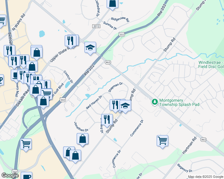 map of restaurants, bars, coffee shops, grocery stores, and more near 104 Stayman Drive in North Wales