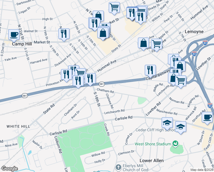 map of restaurants, bars, coffee shops, grocery stores, and more near 1149 Columbus Avenue in Lemoyne