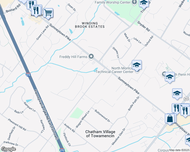 map of restaurants, bars, coffee shops, grocery stores, and more near 1540 Kriebel Road in Lansdale