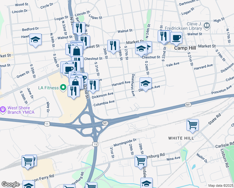 map of restaurants, bars, coffee shops, grocery stores, and more near 2999 Dickinson Avenue in Camp Hill