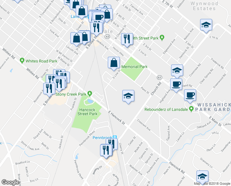 map of restaurants, bars, coffee shops, grocery stores, and more near 222 East Mount Vernon Street in Lansdale