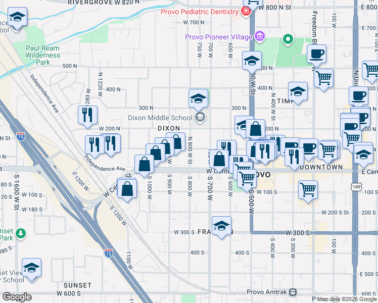 map of restaurants, bars, coffee shops, grocery stores, and more near 830 West Center Street in Provo